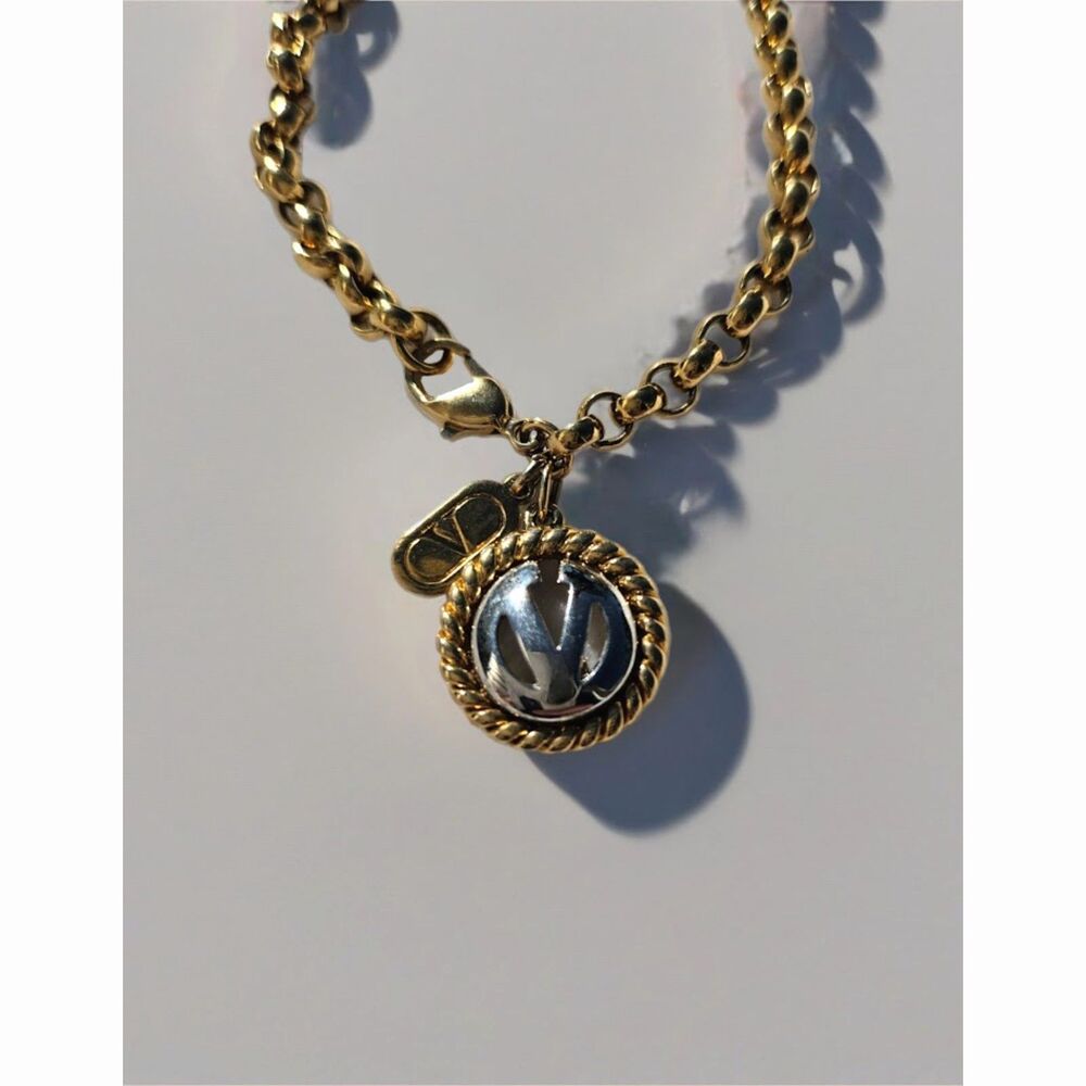 Valentino Garavani V Logo Bracelet Gold Tone Chain Medallion Charm Bracelet
